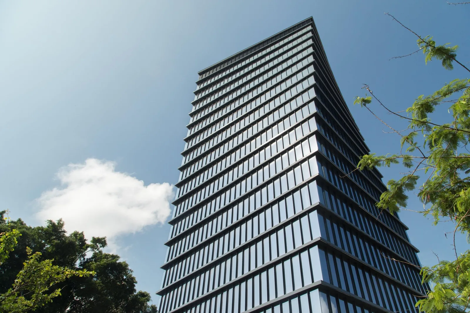 Edificio corporativo con envolvente de vidrio en Guadalajara, ejemplo de inmueble atendido por ALDECA