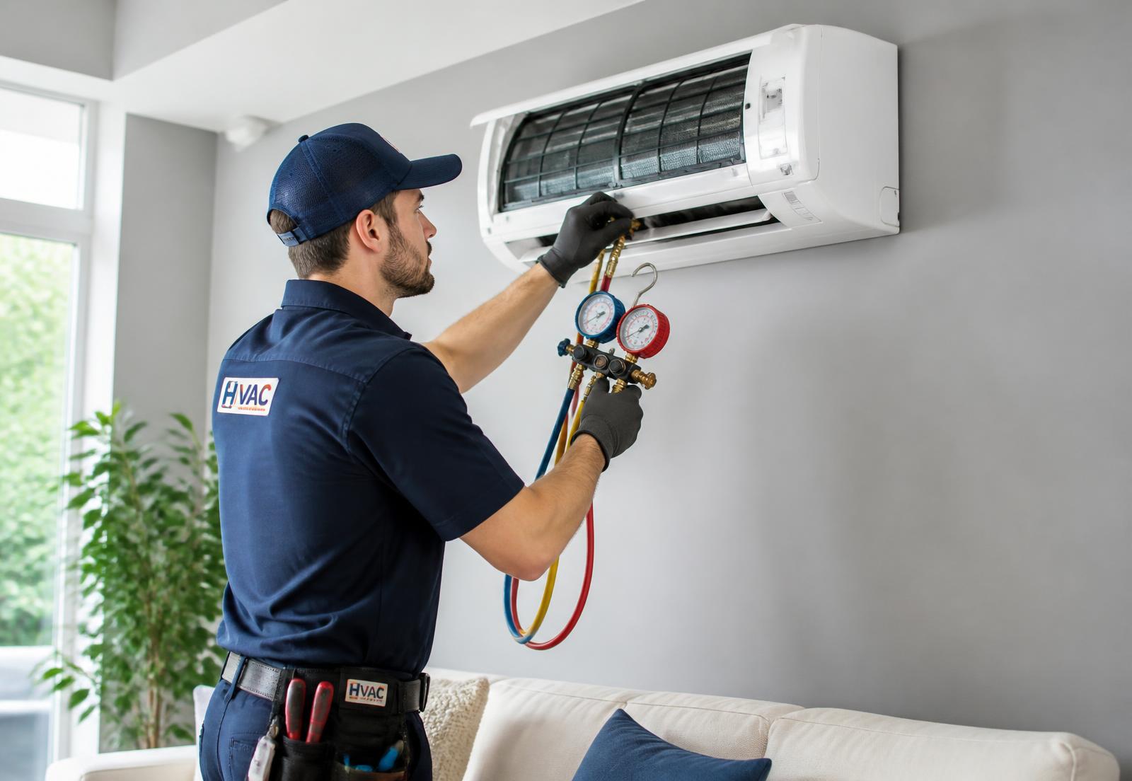 Técnico certificado de ALDECA dando mantenimiento a un minisplit inverter en una sala